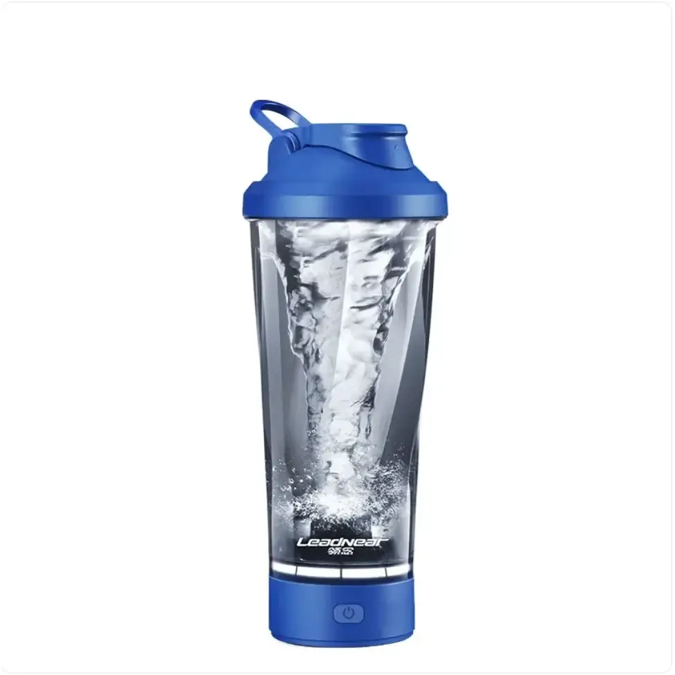 Blue leadwear electric shaker bottle with transparent body and swirling liquid inside.