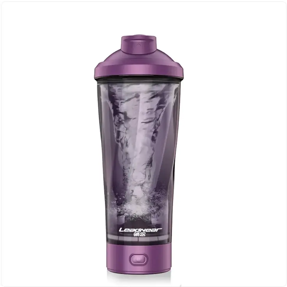 Purple leadnear brand electric shaker bottle with a transparent body and matching purple lid.