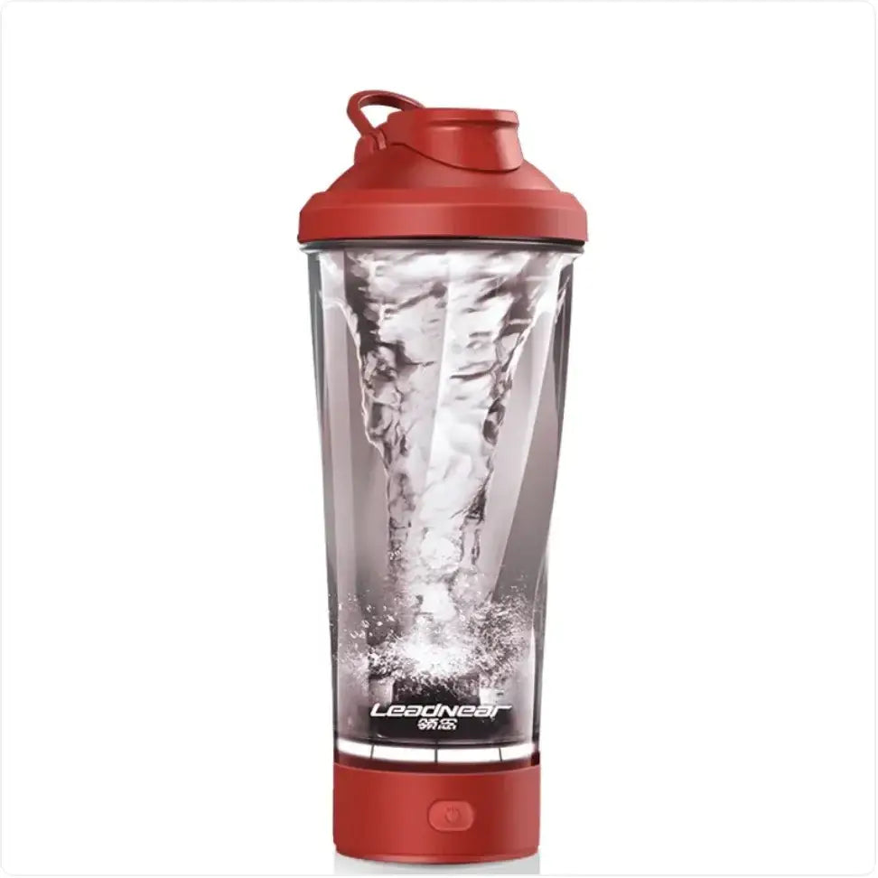 Red and clear electric shaker bottle with a swirling liquid vortex inside, featuring the ’leadner’ brand logo on its base.