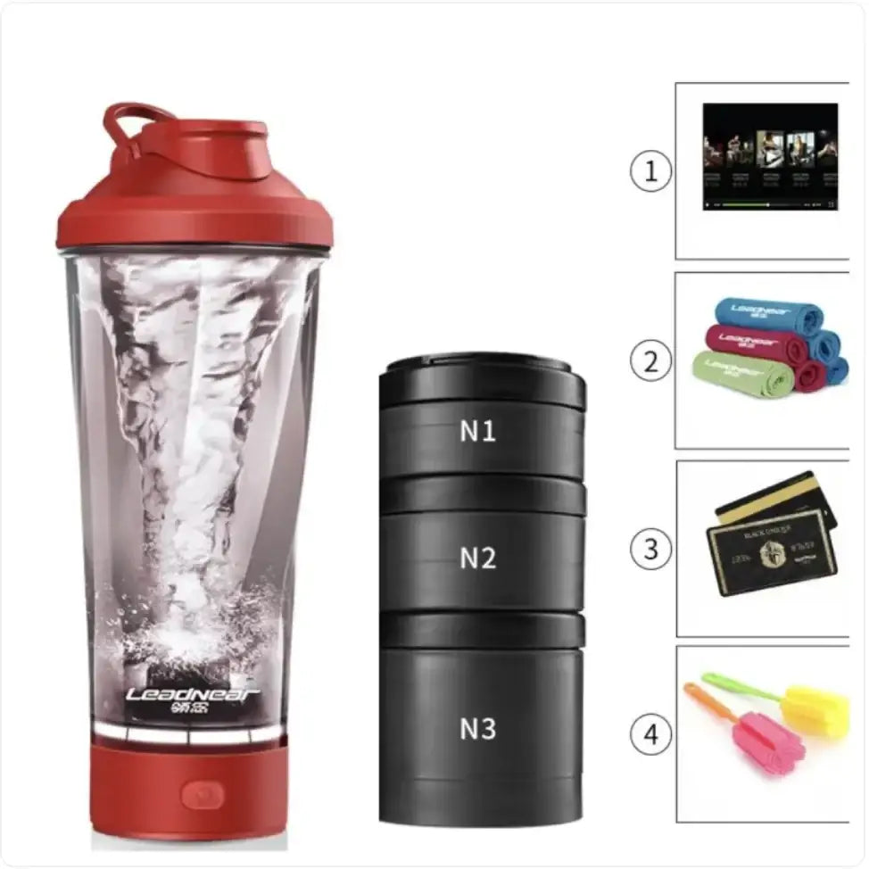 Red plastic shaker bottle with clear body and black base, featuring a built-in motor for mixing liquids.