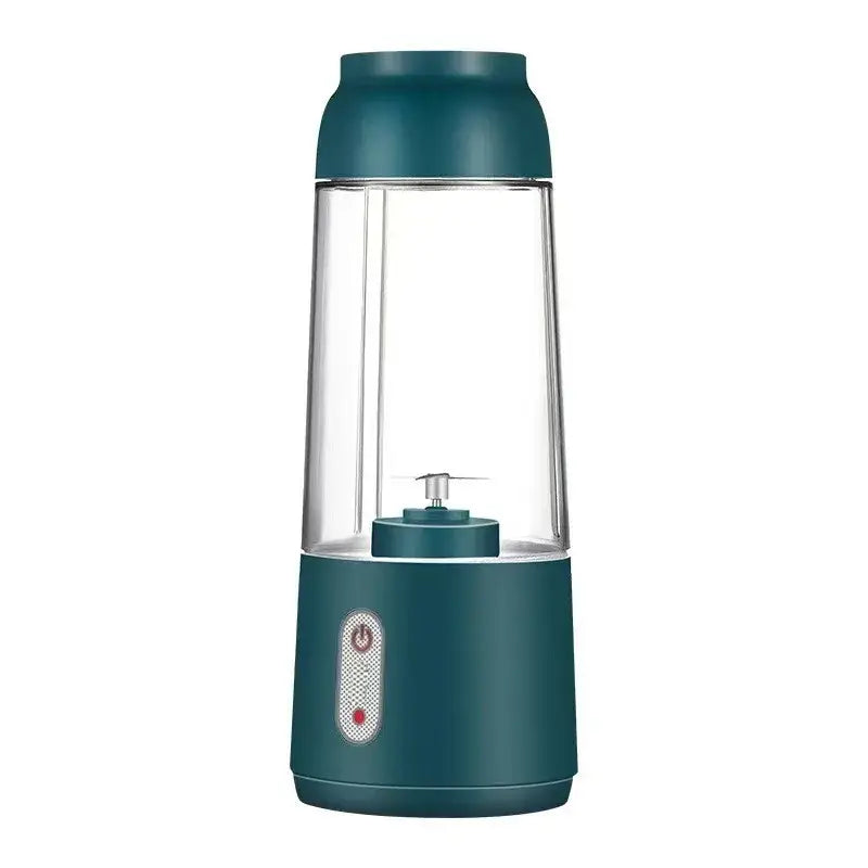 Teal-colored portable blender with a clear glass container and metallic blade assembly.