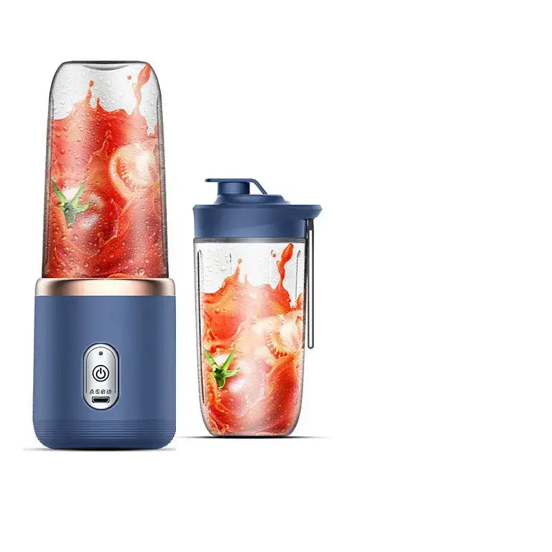 Blue portable blender with a clear glass container and rose gold accent, shown alongside its matching travel cup.