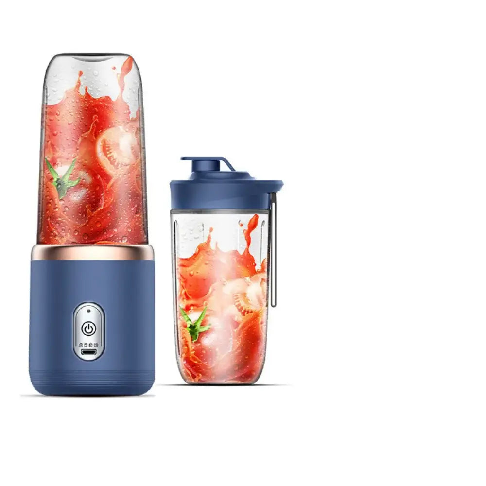 Blue portable blender with a clear glass container and rose gold accent, shown alongside its matching travel cup.