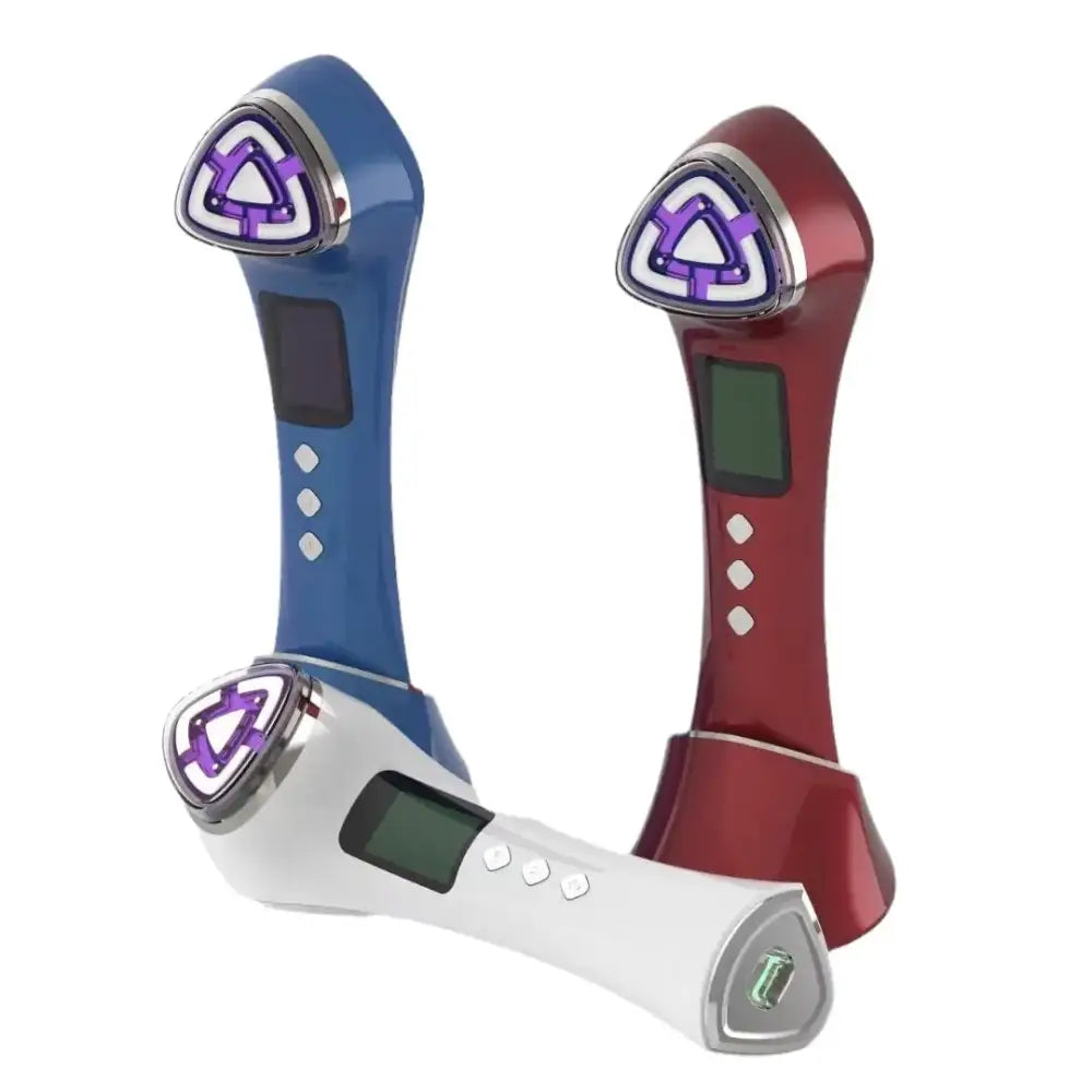 Blue, red, and white handheld facial care devices with sleek ergonomic designs featuring triangular treatment heads accented by purple led lights.