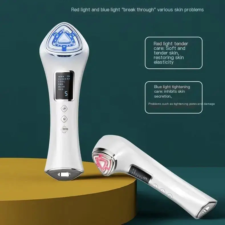 White handheld facial device with a triangular light-emitting head and digital display, featuring red and blue led therapy modes.