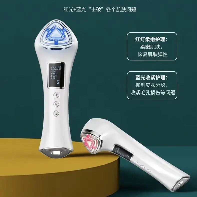 White handheld facial device with a triangular blue light head and silver accents, featuring digital display and control buttons for red and blue led treatments.