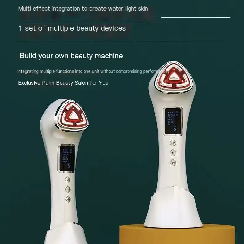 White handheld facial beauty device with a triangular red and silver treatment head, digital display screen on the handle, and three control buttons.