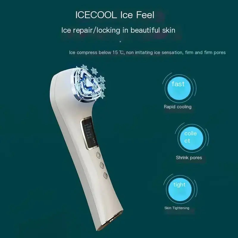 Icecool ice feel facial device with a sleek white body and an icy blue illuminated head featuring snowflake graphics.