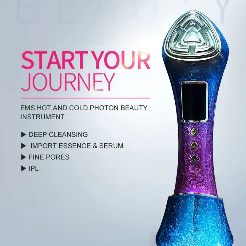 A sleek, iridescent blue and purple handheld beauty device with a triangular metallic head and digital display.