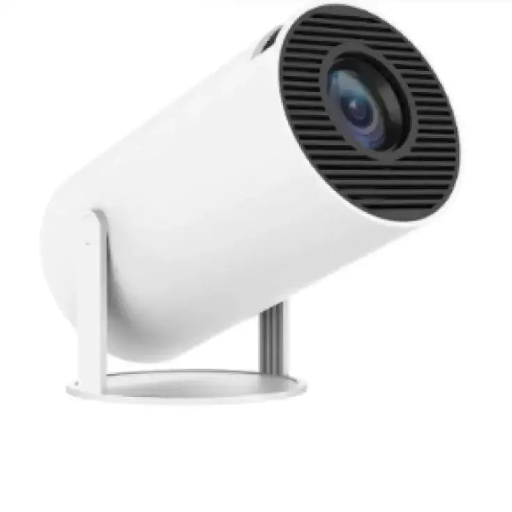 White cylindrical projector with a black gridded lens cover and sleek metallic stand.