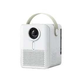 White rectangular portable projector with a carrying handle and perforated speaker grille.