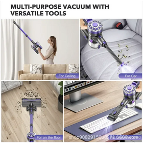 Purple and silver multi-purpose vacuum with versatile tools for ceiling, car, floor, and keyboard cleaning.