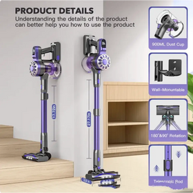 Purple and black cordless stick vacuum cleaner with a telescopic rod.