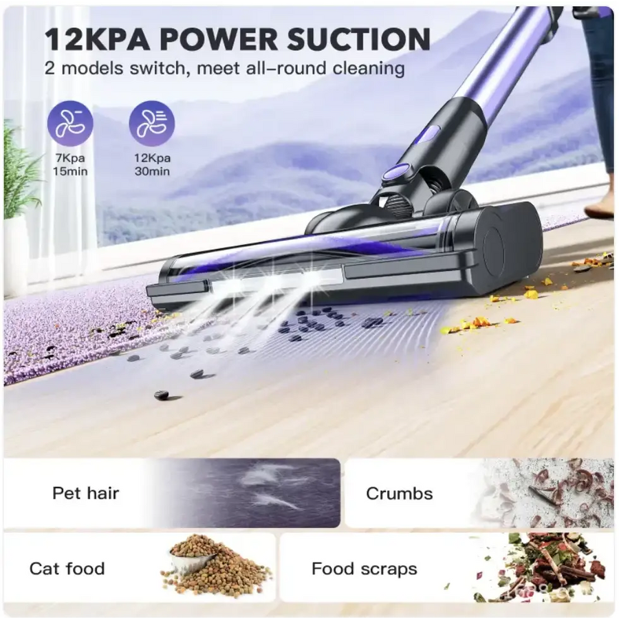 Purple and black cordless vacuum cleaner with a sleek, modern design.