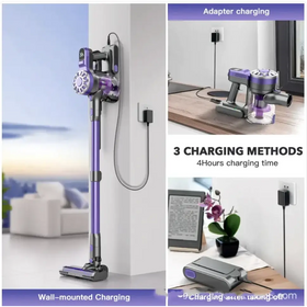 Purple and gray cordless vacuum cleaner with a sleek, modern design.