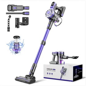 Purple and black cordless vacuum cleaner with a sleek, modern design.