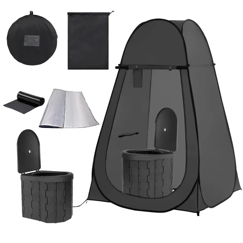 Black portable toilet tent with foldable plastic seat and matching accessories