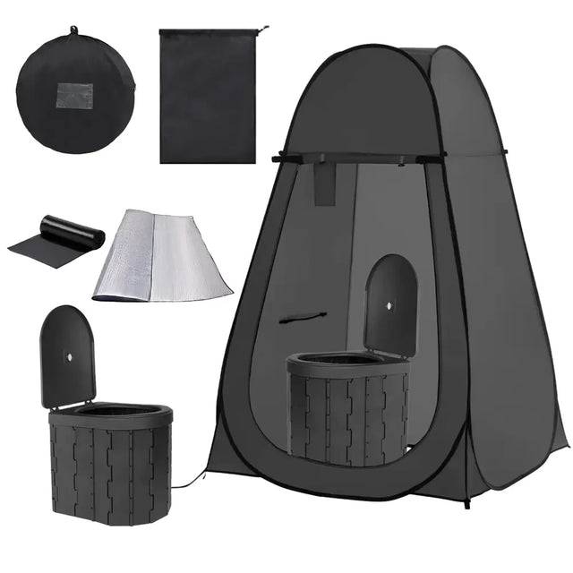 Black portable toilet tent with foldable plastic seat and matching accessories
