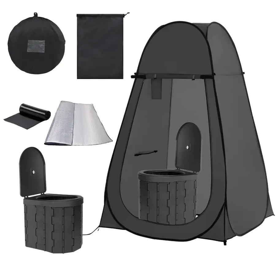 Black portable toilet tent with foldable plastic seat and matching accessories