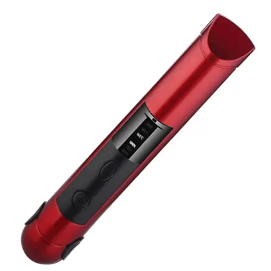 Red metallic cylindrical device with black control panel and buttons.