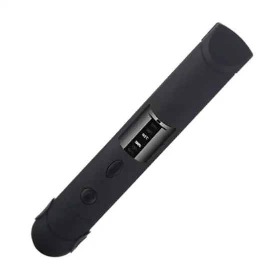 Black cylindrical electronic device with a digital display and two circular buttons.