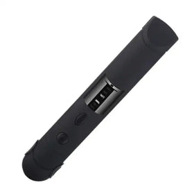 Black cylindrical electronic device with a digital display and two circular buttons.