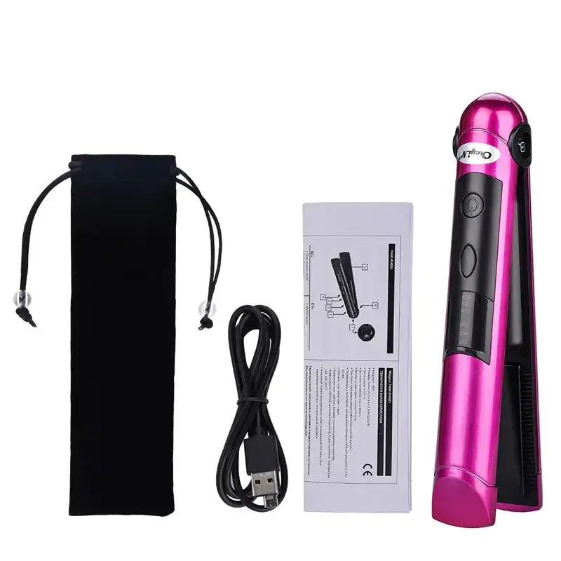 Pink and black cordless hair straightener with a sleek, glossy finish.