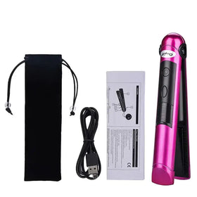 Pink and black cordless hair straightener with a sleek, glossy finish.