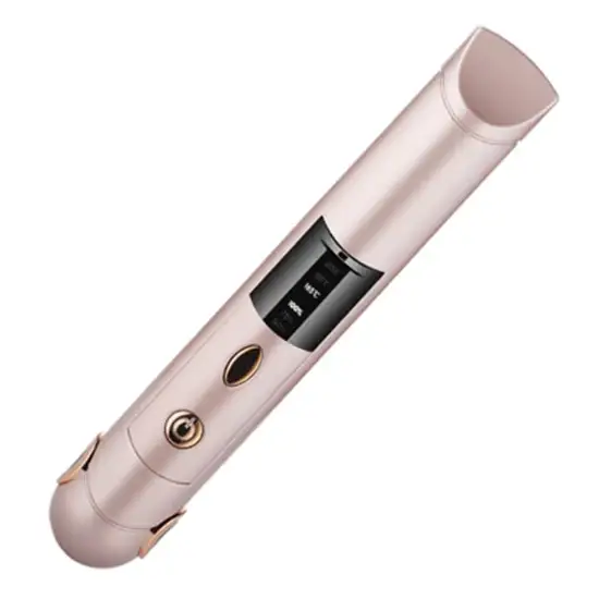 Rose gold-colored, sleek cylindrical device with a digital display and metallic buttons.
