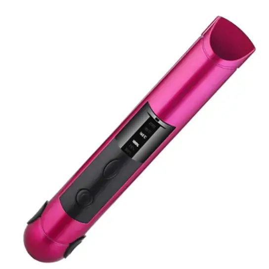 Pink metallic cylindrical device with black control panel and buttons.
