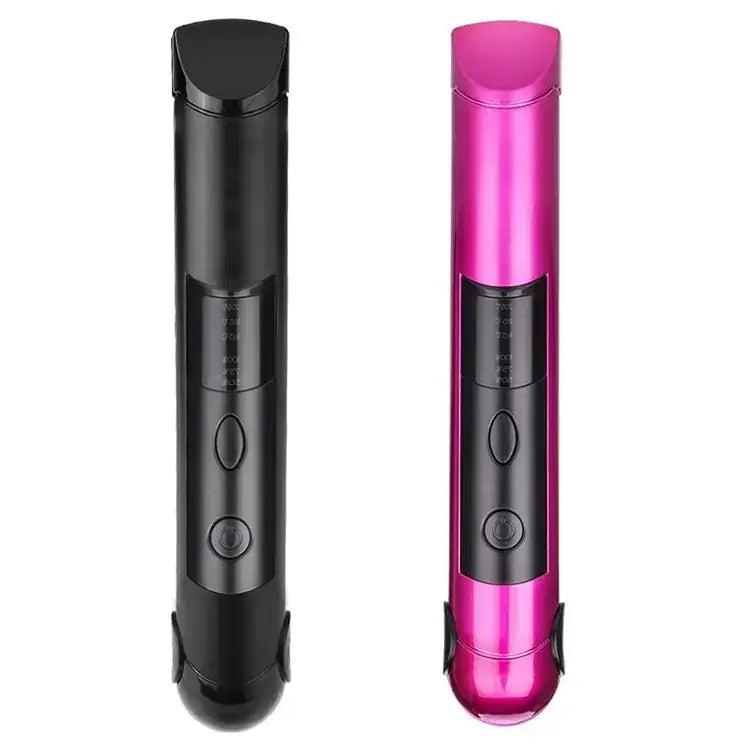 Two sleek, cylindrical hair straighteners with glossy black and vibrant pink finishes, featuring digital temperature controls and power buttons on their central panels.