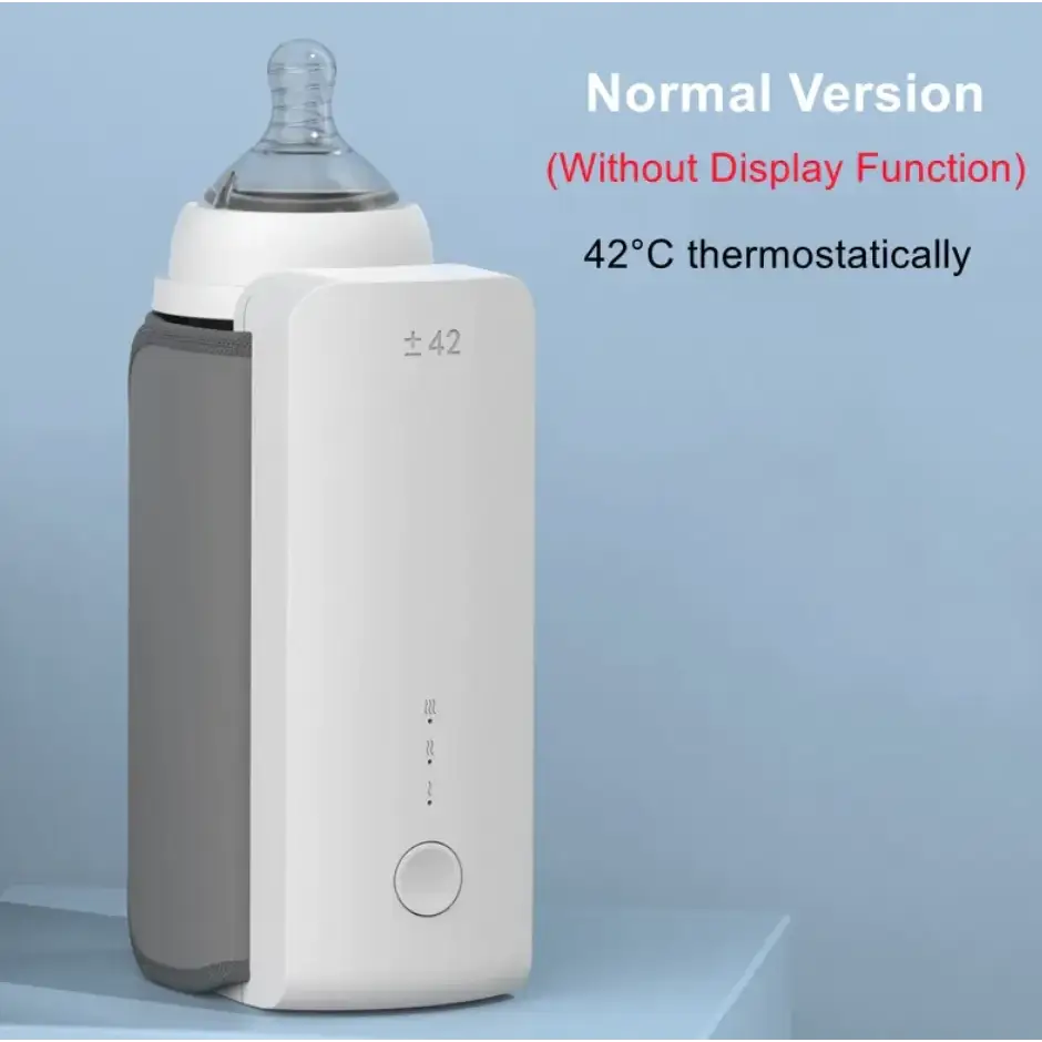 White and gray electric bottle warmer with a minimalist design, featuring a circular control button and temperature indicator markings.