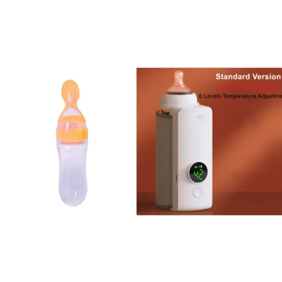 Orange and clear silicone baby feeding bottle with a soft nipple.