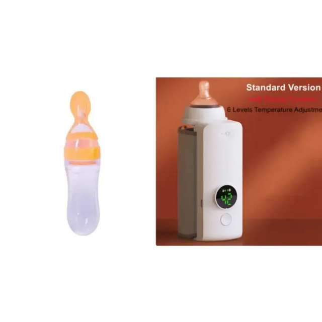 Orange and clear silicone baby feeding bottle with a soft nipple.