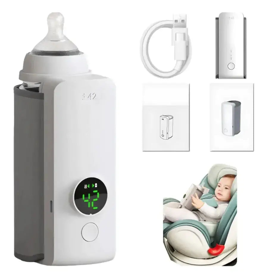 White and gray electric baby bottle warmer with a digital display showing 42 degrees celsius.