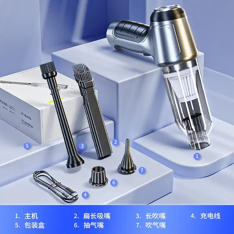 Silver and black handheld vacuum cleaner with transparent dust collection chamber.