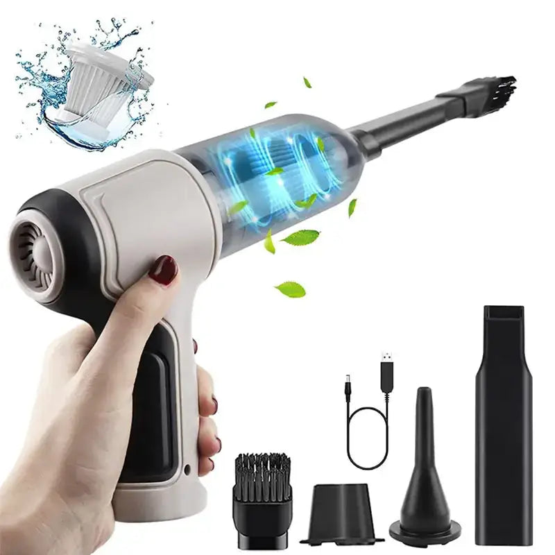 Compact handheld vacuum cleaner with a sleek gray and black design, featuring transparent sections revealing internal blue lighting.
