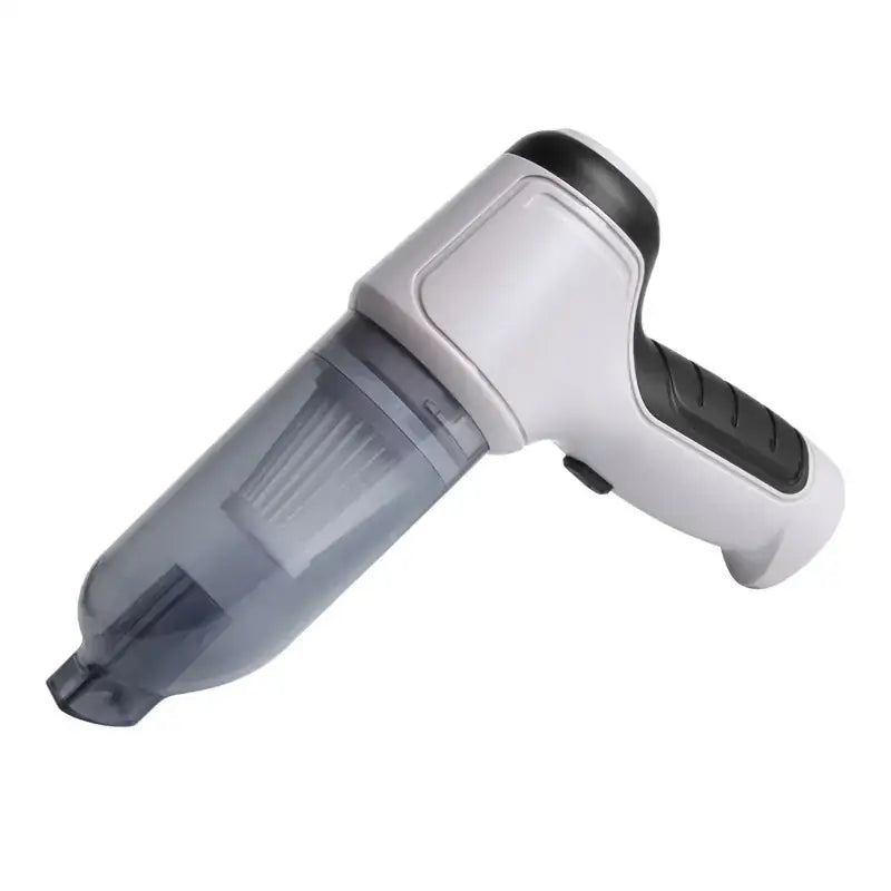 Compact handheld vacuum cleaner with a sleek white and black design, featuring a transparent dust collection chamber.
