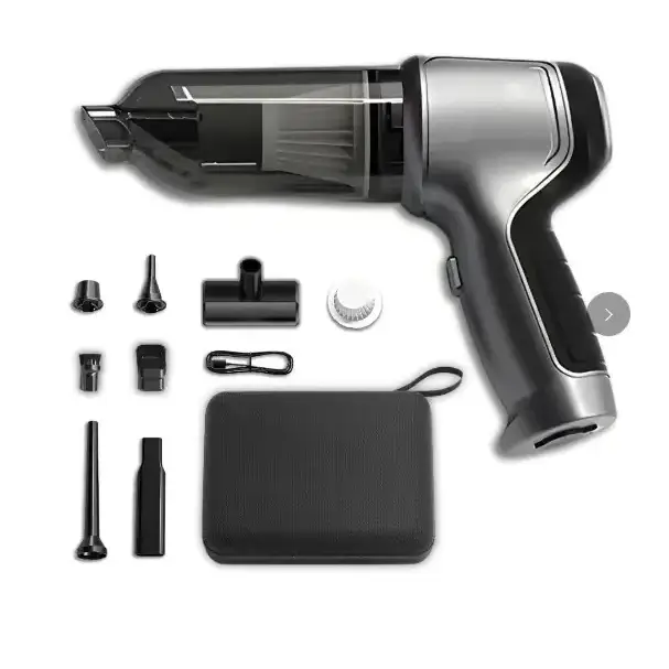 Silver and black handheld vacuum cleaner with transparent dust collection chamber.