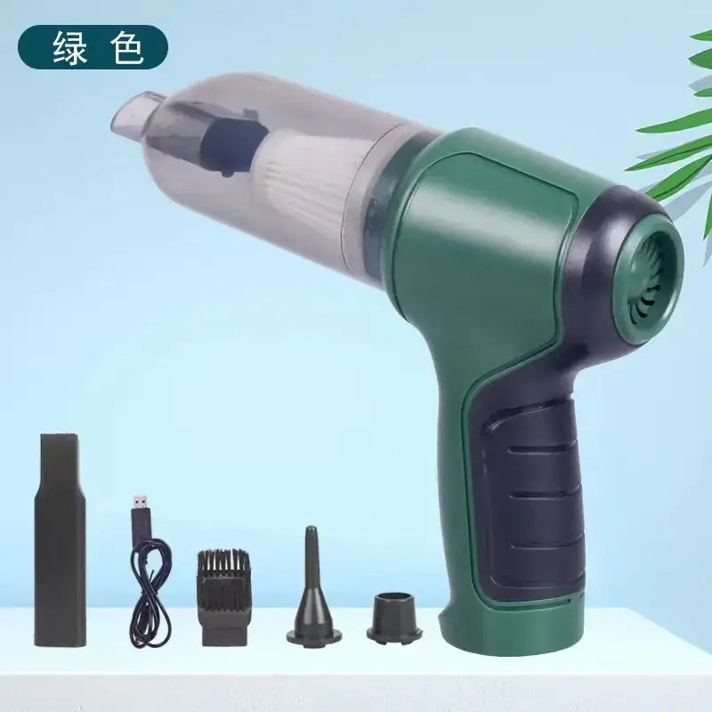 Green handheld vacuum cleaner with transparent dust collection chamber and black accents.