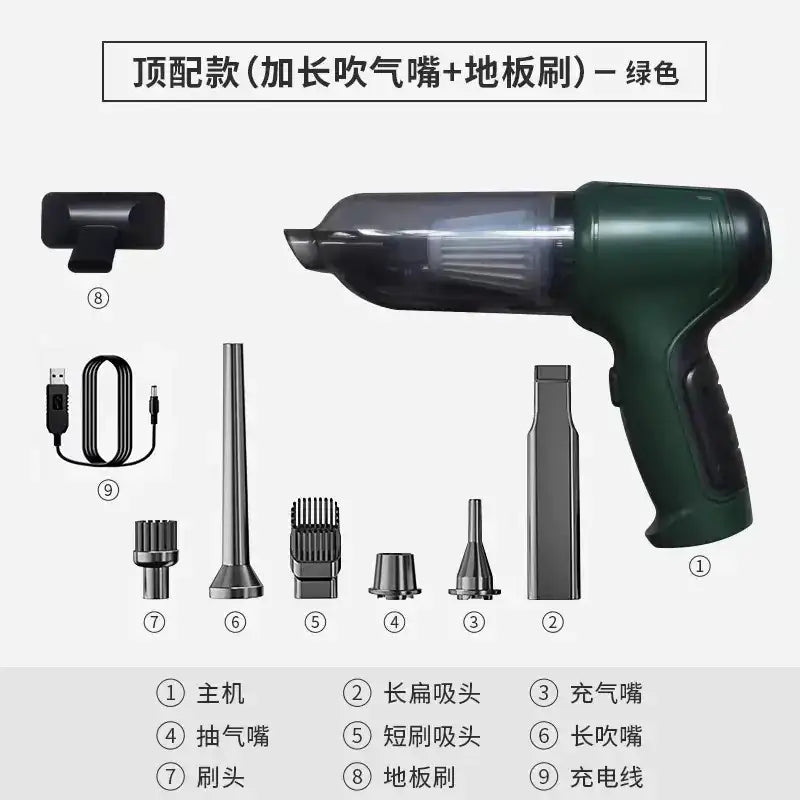 Green handheld vacuum cleaner with a transparent dust collection chamber and ergonomic grip.