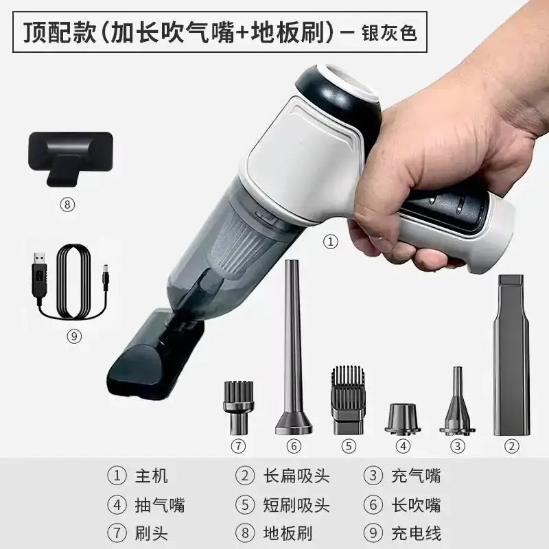 Silver-gray handheld vacuum cleaner with a sleek, ergonomic design and transparent dust collection chamber.