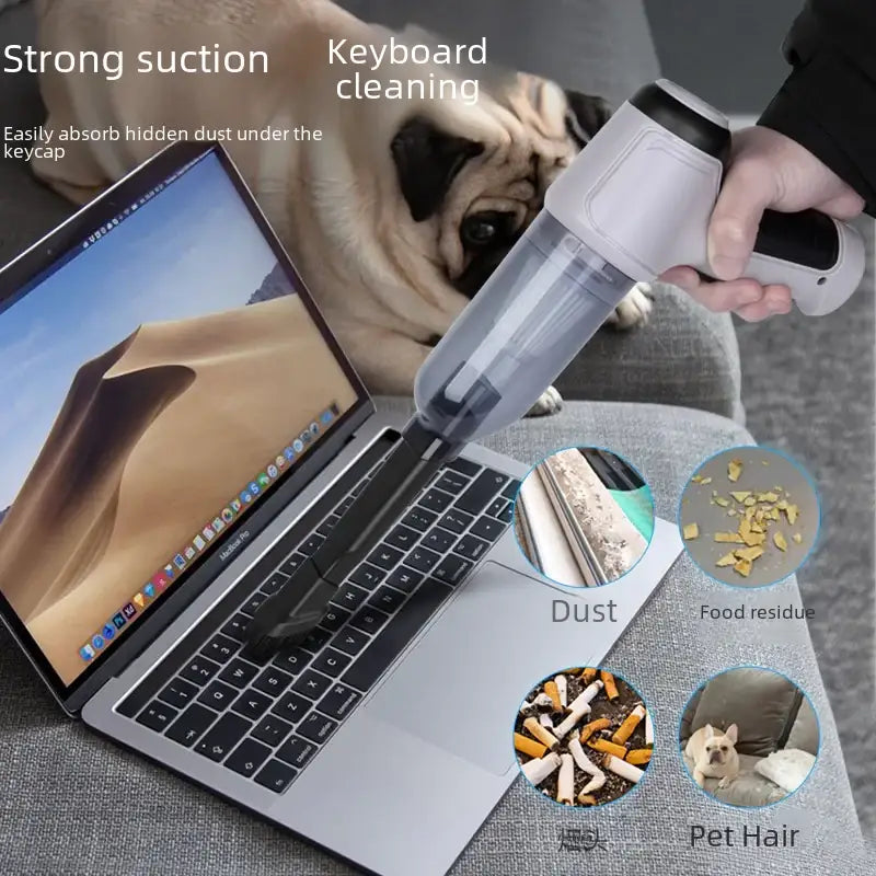 A sleek, handheld vacuum cleaner with a transparent dust collection tube and black grip handle.