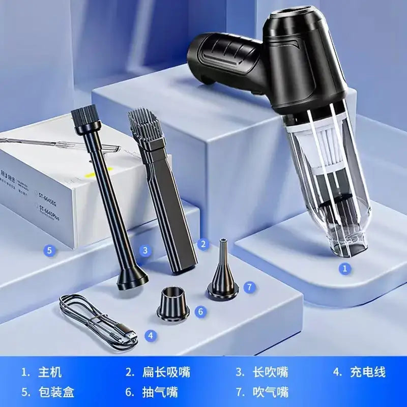 Black handheld vacuum cleaner with transparent dust collection chamber and multiple attachments