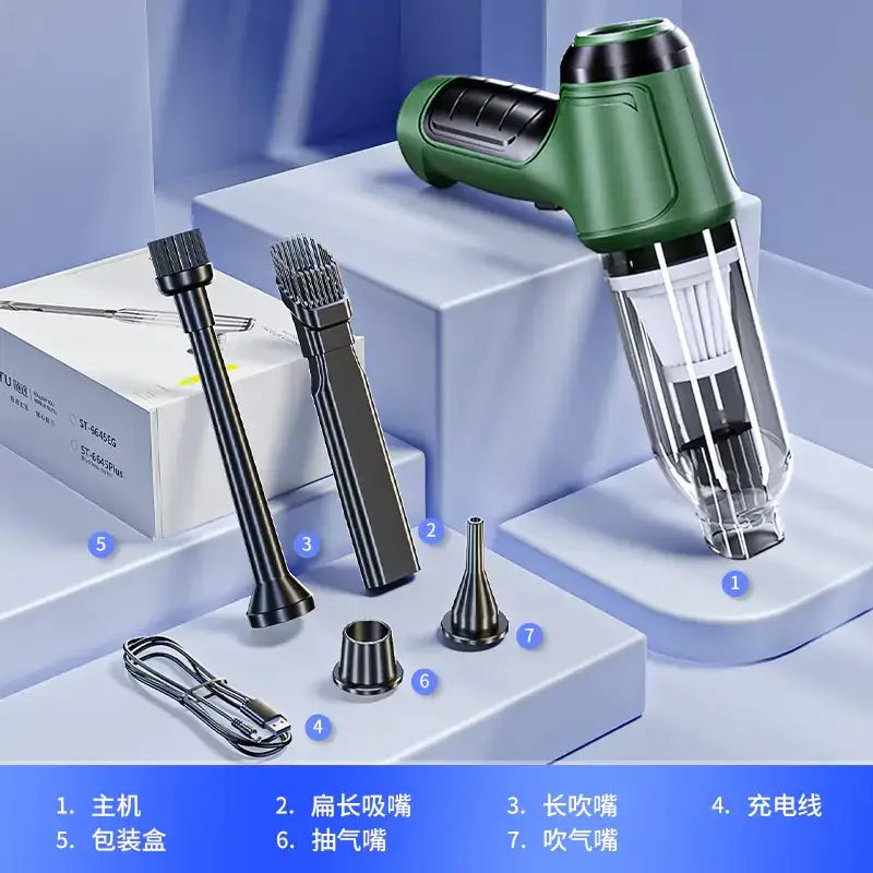 Green handheld vacuum cleaner with transparent dust collection chamber and black ergonomic grip.