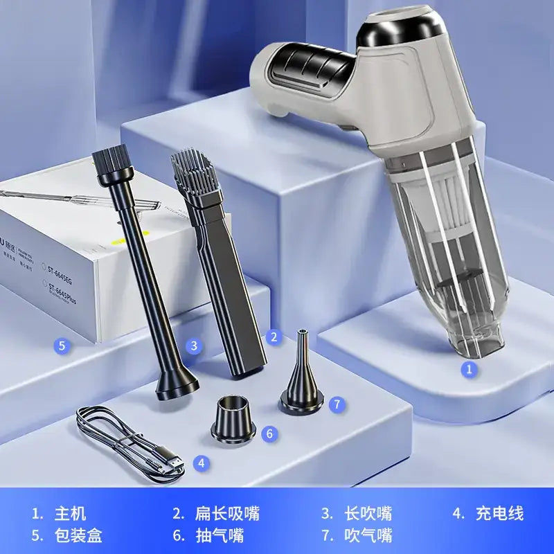 The main object is a sleek, handheld vacuum cleaner with a white and black ergonomic grip and transparent dust collection chamber.