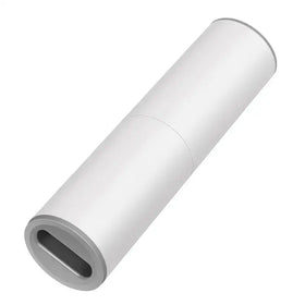 White cylindrical portable charger with a sleek, minimalist design and metallic silver accents at the ends.