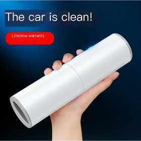 White cylindrical car vacuum cleaner with a sleek, smooth surface and a subtle blue light indicator.