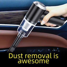 Black handheld car vacuum with a transparent dust collection chamber and silver accents.