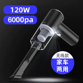 Black wireless handheld vacuum cleaner with transparent dust collection chamber and white filter, designed for both home and car use.